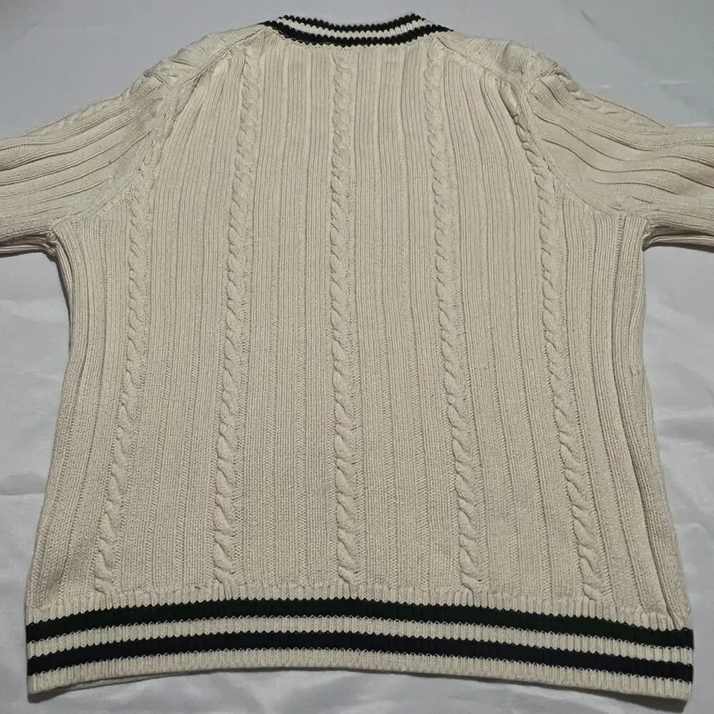 J.Crew Men's Heritage Cotton Cable-Knit V-Neck Sweater Cream Striped XL BI849